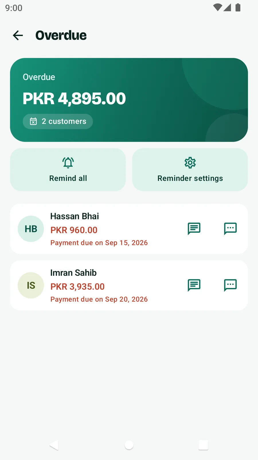 The Overdue screen in the Android app: PKR 4,895.00 overdue across 2 customers, with Remind all and Reminder settings