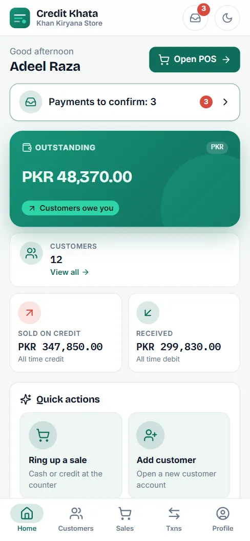 Di counter app for phone wey cashier sign in: payments to confirm, money wey remain, customers and quick actions