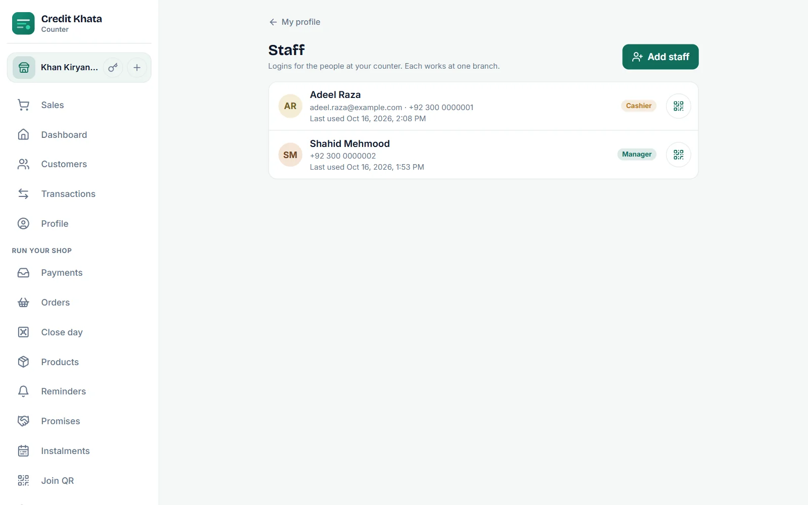 Di Staff screen wey list Adeel Raza as Cashier and Shahid Mehmood as Manager, each one with wetin dem dey take sign in and di last time wey dem use am, and di Add staff button